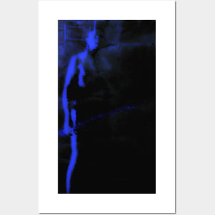 Portrait, digital collage and special processing. Dark fantasy. Man with spike. Blue, glow. Posters and Art